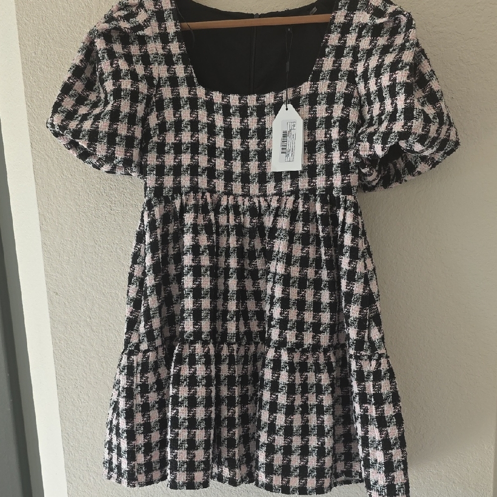 Chic Black and Pink Checkered Dress
